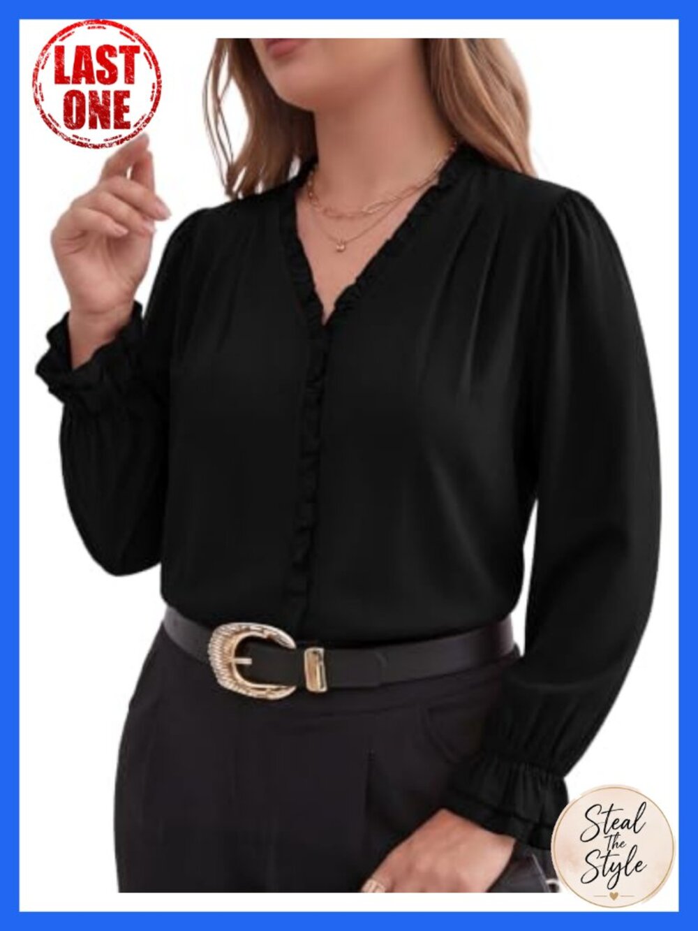 Plus Size Business Casual V-Neck Ruffle Long Sleeve Blouse
